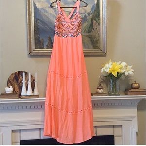 Gorgeous, embroidered, coral colored maxi dress.
